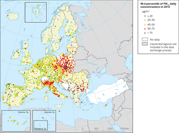 Koncentracja pyłów w Europie - mapa