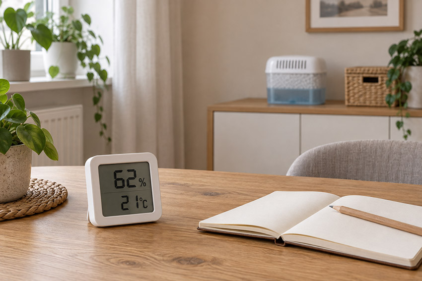 Higrometr wskazujący 62% wilgotności i 21°C obok otwartego notatnika