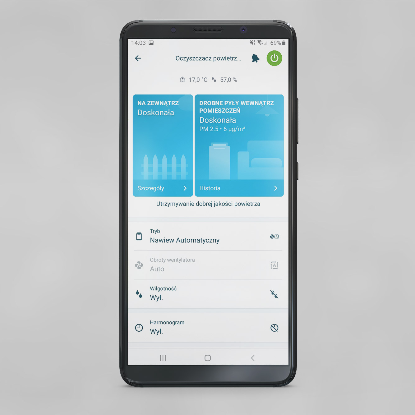 Zrzut z aplikacji Dyson ONECTA
