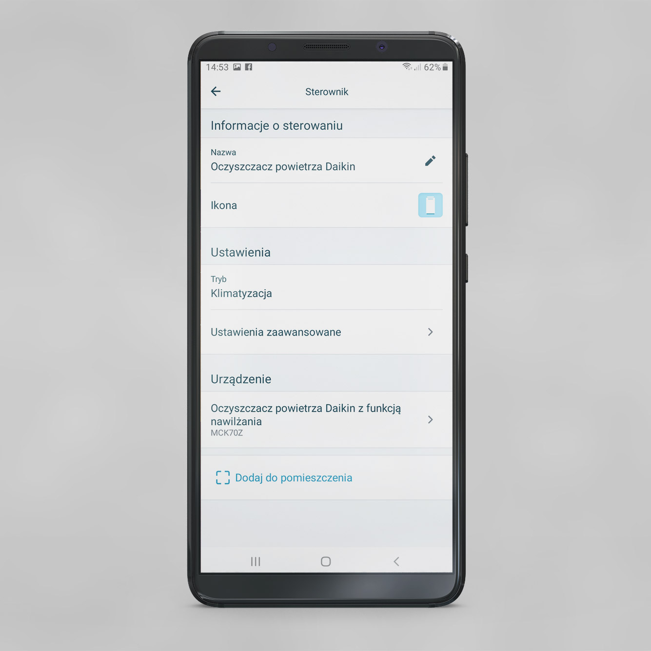 Zrzut z aplikacji Dyson ONECTA