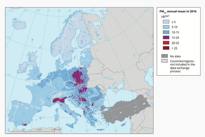 mapa Europy - zanieczyszczenie pyłami PM2,5