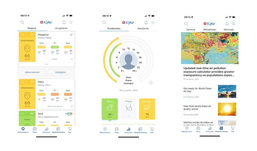 Interfejs aplikacji IQAir AirVisual