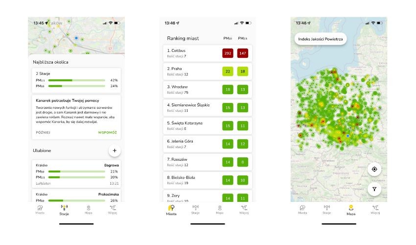 Interfejs aplikacji Kanarek ostrzeżenia o smogu