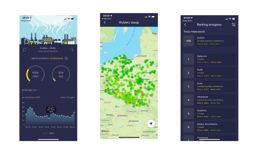 Interfejs aplikacji Smog Polska