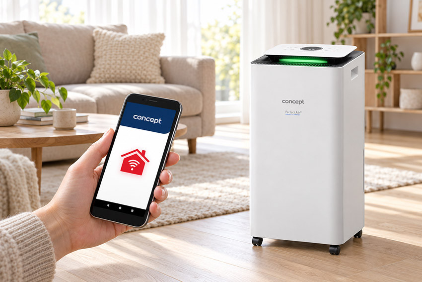 Smartfon z grafiką Concept Home obok osuszacza Concept OV2216