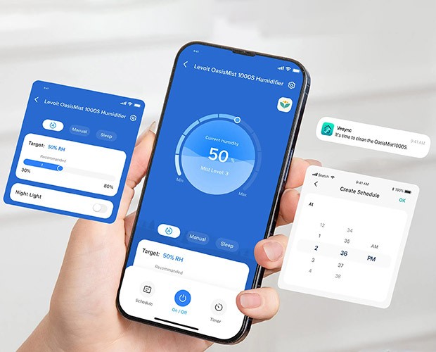 sterowanie nawilżaczem Levoit OasisMist 1000S przez telefon