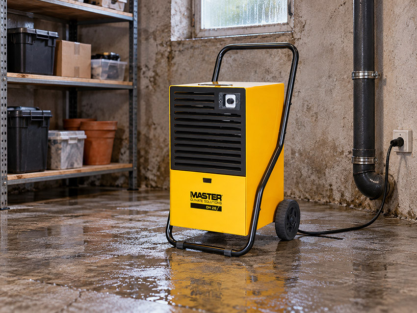 Osuszacz Master DH 26 w wilgotnej piwnicy z regałami