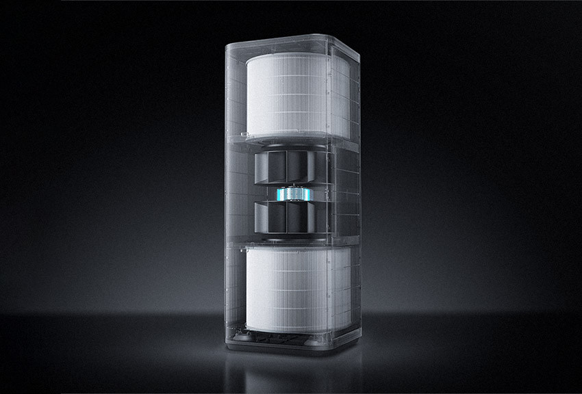 Przekrój Mijia Smart Air Purifier 6 Plus z dwoma filtrami i podwójnym wirnikiem