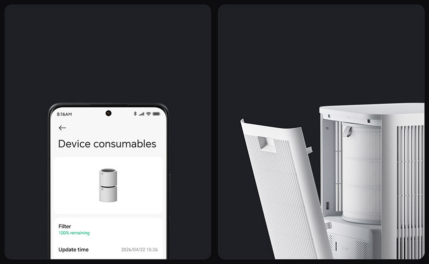Stan filtrów w Xiaomi Home i otwarta tylna pokrywa Mijia Smart Air Purifier 6 Plus