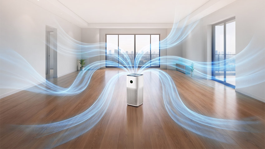 Mijia Smart Air Purifier 6 w pokoju z wizualizacją cyrkulacji oczyszczonego powietrza