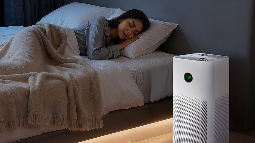 Mijia Smart Air Purifier 6 przy łóżku w sypialni z osobą śpiącą