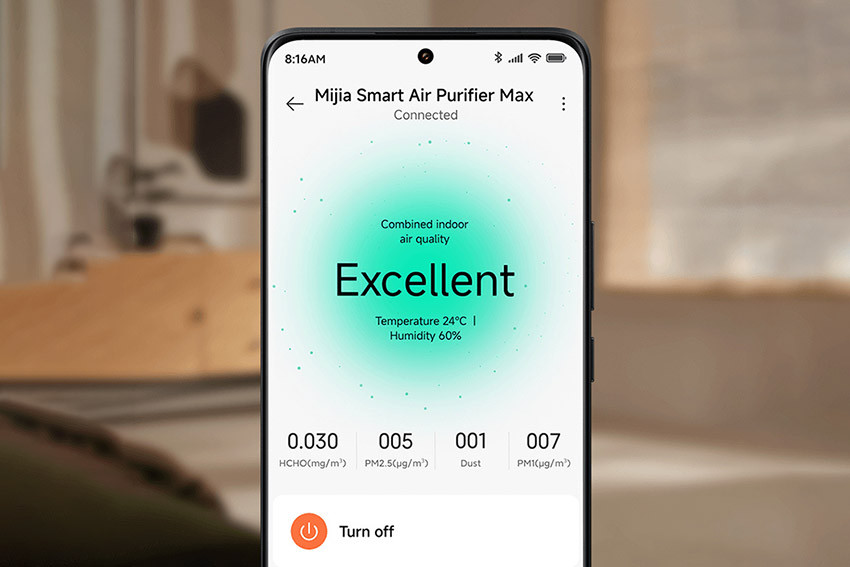 Xiaomi Home dla Mijia Smart Air Purifier Max z pomiarem HCHO w mg/m³ oraz odczytami PM2.5, Dust i PM1