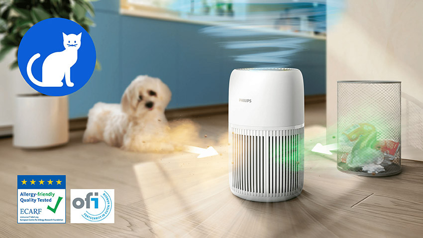 Philips AC0720/10 obok psa i kosza w domowym wnętrzu