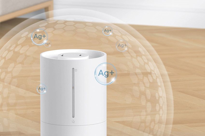 Xiaomi Smart Humidifier 2 Lite z oznaczeniami Ag+ na ilustracji antybakteryjnego materiału zbiornika