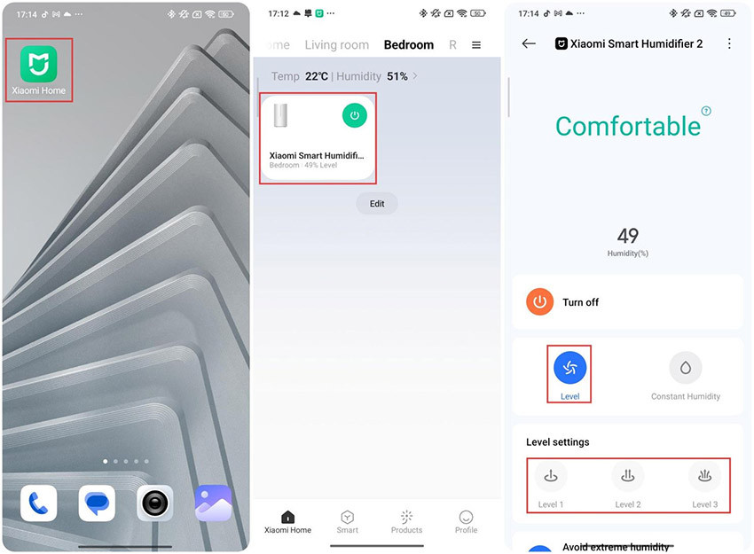 Wybór jednego z trzech poziomów mgiełki Xiaomi Smart Humidifier 2 w Xiaomi Home