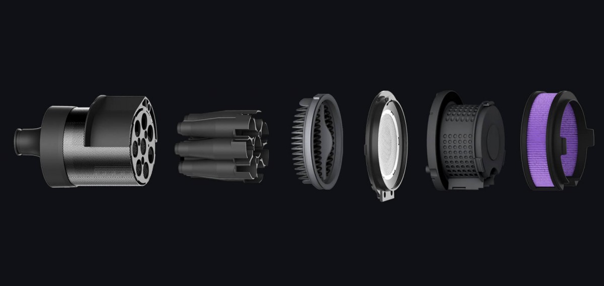 Przekrój 6-stopniowego systemu filtracji w odkurzaczu bezprzewodowym Roidmi